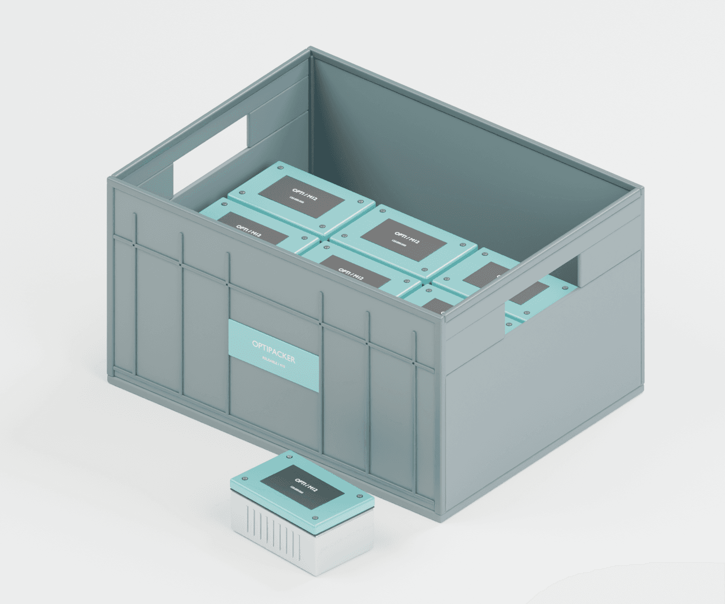 Optipacker packaging study with an industrial part, reusable container and pallet